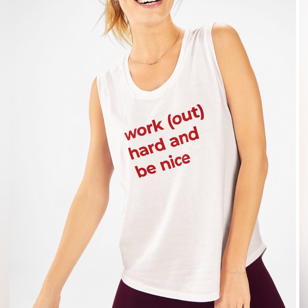 Fabletics Janis Muscle Tank White/Work(Out) Hard And Be Nice To People Sz M
